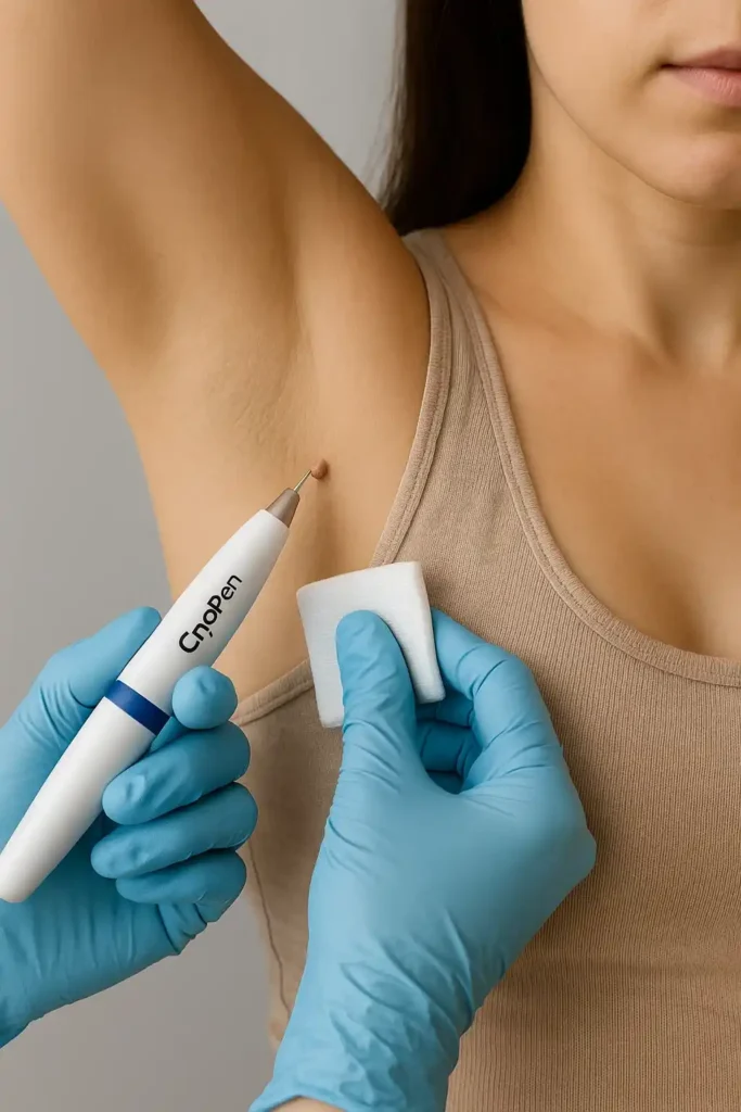 woman having cryopen to remove underarm skin tags Epping