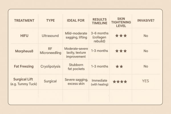 Table showing the comparisons of Skin tightening Epping treatment options.